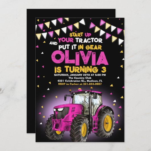 ピンクガールトラクター3rd誕生日パーティー 招待状 (正面/裏面)