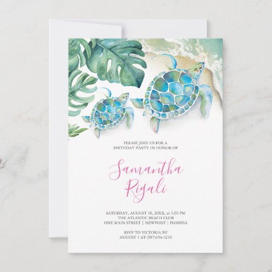 ピンクガールトロピカルシータートルギンガム誕生日 招待状 (正面)