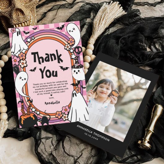 ピンクガールハロウィンフォトバースデーパーティー サンキューカード