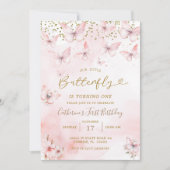 ピンクガールバタフライバースデーパーティー 招待状 (正面)