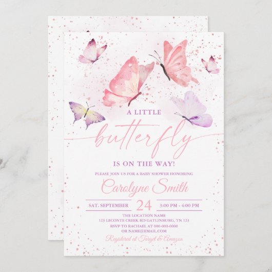 ピンクガールバタフライベビーシャワー招待状 招待状 (正面/裏面)