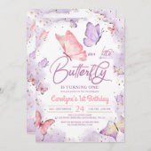 ピンクガールバタフライ誕生日招待状 招待状 (正面/裏面)