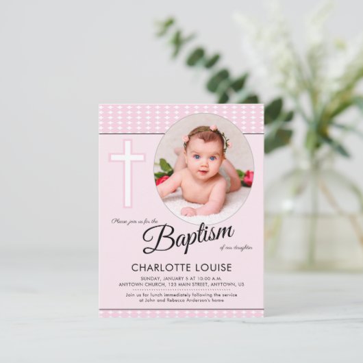 ピンクガールバプティスクロス《キリスト教》洗礼式や命名式招待状 招待状 (スタンド正面)
