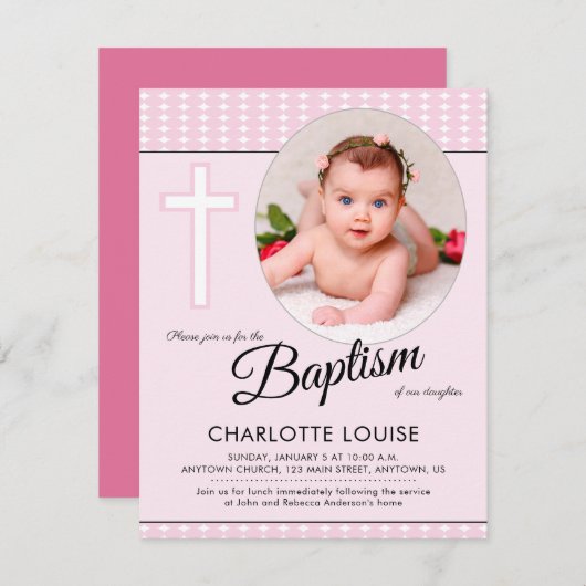 ピンクガールバプティスクロス《キリスト教》洗礼式や命名式招待状 招待状 (正面/裏面)