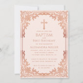 ピンクガールバプティスファースト誕生日ヴィンテージバラ金ゴールド 招待状 (正面)