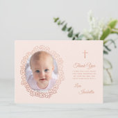 ピンクガールバプティスフォトバラ金ゴールドフローラリース サンキューカード (スタンド正面)