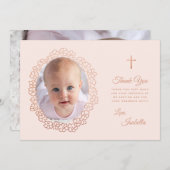 ピンクガールバプティスフォトバラ金ゴールドフローラリース サンキューカード (正面/裏面)