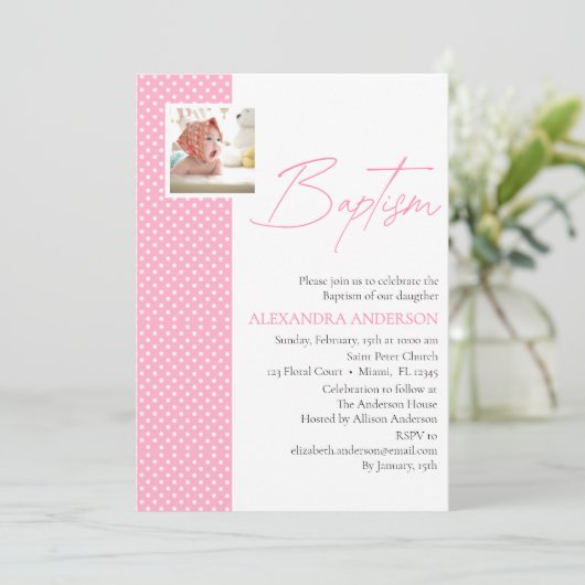 ピンクガールバプテスマ招待状と写真&水玉模様 招待状 (スタンド正面)