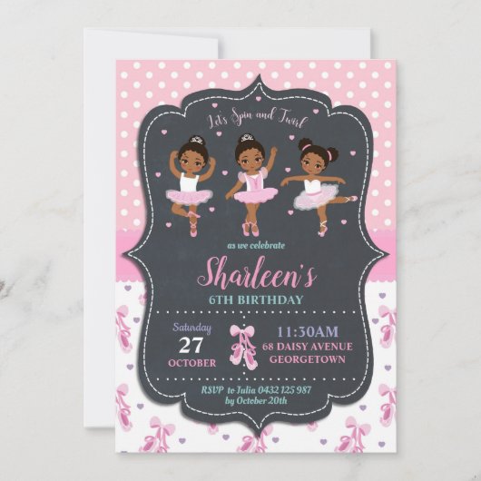 ピンクガールバレリーナ誕生日トゥチュバレエダンス 招待状 (正面)