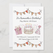 ピンクガールパーティーデコレーション誕生日招待状 招待状 (正面)