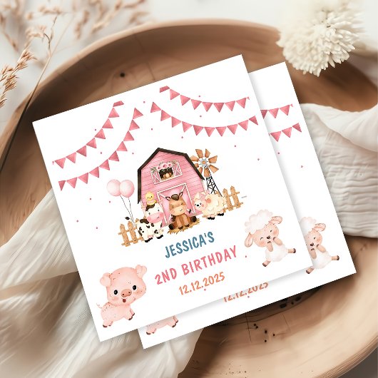 ピンクガールファームアニマルバースデーパーティー スタンダードカクテルナプキン