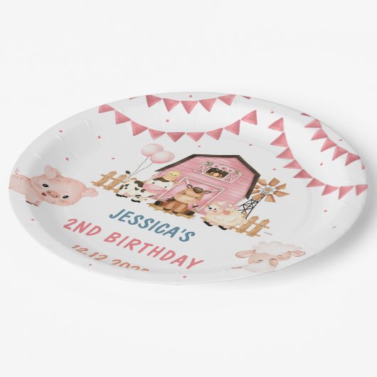 ピンクガールファームアニマルバースデーパーティー ペーパープレート (アングル)