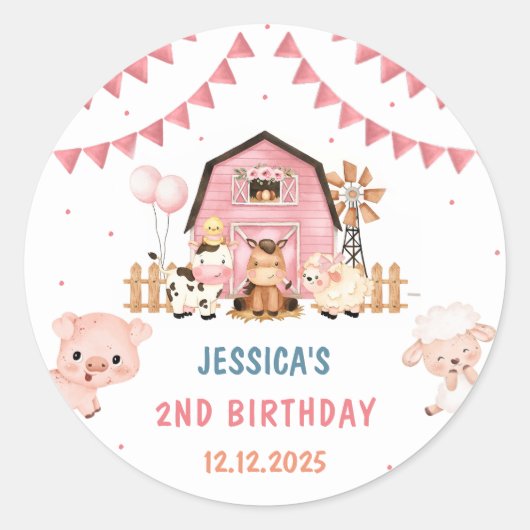 ピンクガールファームアニマルバースデーパーティー ラウンドシール (正面)