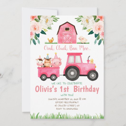 ピンクガールファーム動物の誕生日パーティー 招待状 (正面)