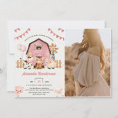 ピンクガールファーム動物ベビーシャワーパーティー写真 招待状 (正面)