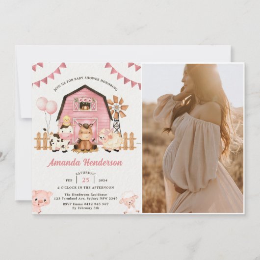 ピンクガールファーム動物ベビーシャワーパーティー写真 招待状 (正面)
