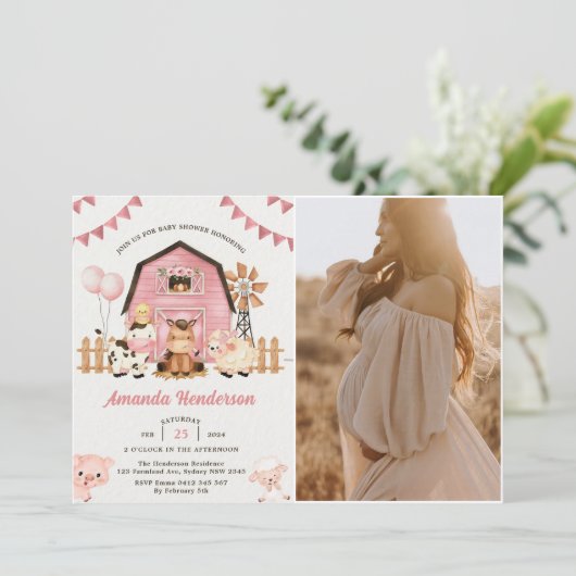 ピンクガールファーム動物ベビーシャワーパーティー写真 招待状