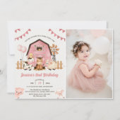 ピンクガールファーム動物2nd誕生日パーティー写真 招待状 (正面)