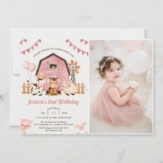 ピンクガールファーム動物2nd誕生日パーティー写真 招待状 (正面)