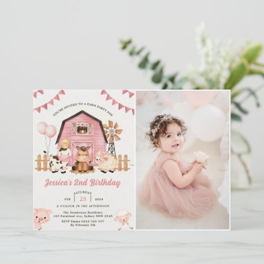 ピンクガールファーム動物2nd誕生日パーティー写真 招待状 (スタンド正面)
