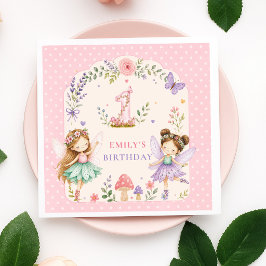ピンクガールフェアリーガーデン1歳の誕生日パーティー スタンダードカクテルナプキン
