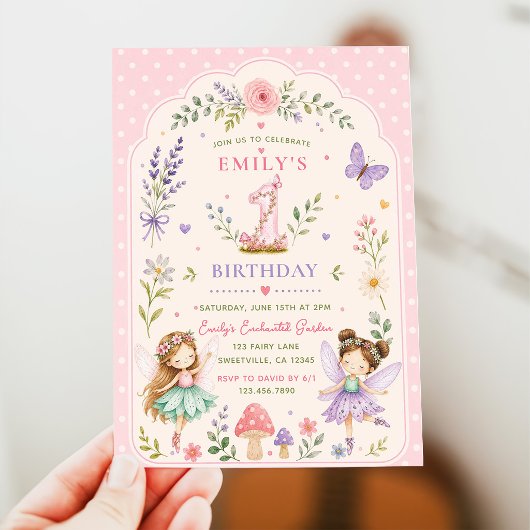 ピンクガールフェアリーガーデン1歳の誕生日パーティー 招待状