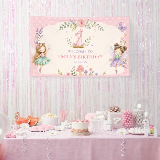 ピンクガールフェアリーガーデン1歳の誕生日パーティー 横断幕 (パーティー)