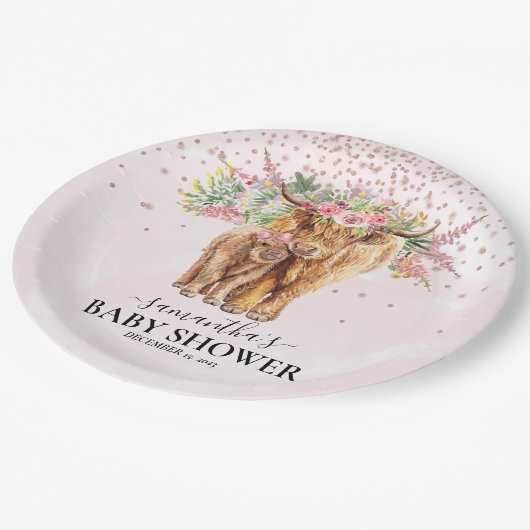ピンクガールフローラハイランド牛ふくらはぎ赤ちゃんシャワー ペーパープレート (アングル)