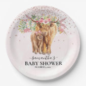 ピンクガールフローラハイランド牛ふくらはぎ赤ちゃんシャワー ペーパープレート (正面)