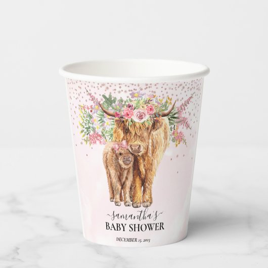 ピンクガールフローラハイランド牛ふくらはぎ赤ちゃんシャワー 紙コップ (裏面)