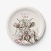 ピンクガールフローラハイランド牛1st誕生日 ペーパープレート (正面)
