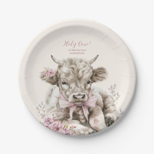 ピンクガールフローラハイランド牛1st誕生日 ペーパープレート (正面)