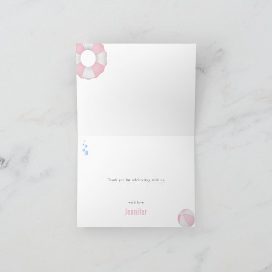 ピンクガールプールパーティーベビーシャワーサンキューカード サンキューカード (内部)