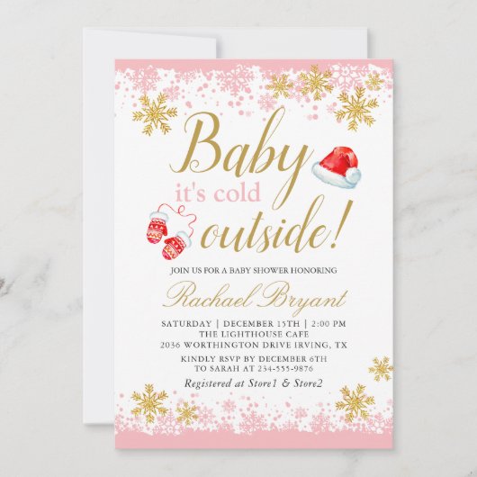 ピンクガールベビーその冷たい外ベビーシャワー 招待状 (正面)