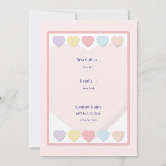 ピンクガールベビーシャワーパステルハート招待状 招待状 (裏面)