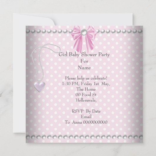ピンクガールベビーシャワーパール水玉模様 招待状 (裏面)