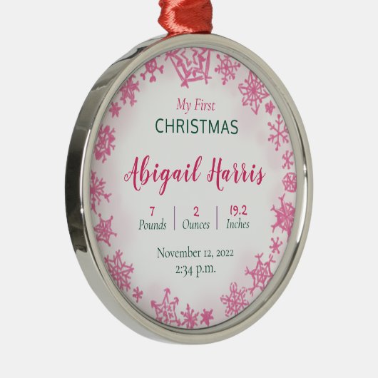 ピンクガールベビースヴェリ初めてのクリスマス誕生統計 メタルオーナメント (右)