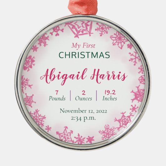 ピンクガールベビースヴェリ初めてのクリスマス誕生統計 メタルオーナメント (正面)
