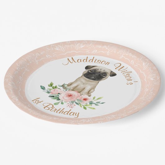 ピンクガールベビーパグ誕生日紙プレート ペーパープレート (アングル)