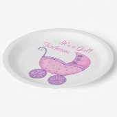 ピンクガールベビー乳母車その女の子の名前パーソナライズされた ペーパープレート (アングル)