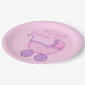 ピンクガールベビー乳母車その女の子の名前パーソナライズされた ペーパープレート (アングル)