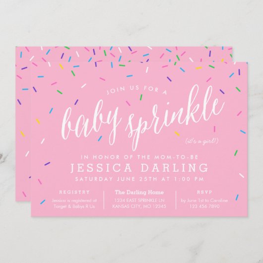 ピンクガールベビー振りかける招待状 招待状 (正面/裏面)