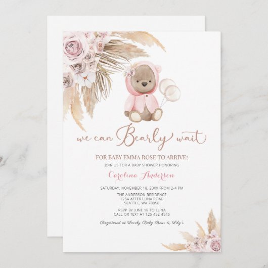 ピンクガールボホベアベイビーシャワー招待状  招待状 (正面/裏面)