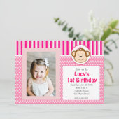 ピンクガールモンキー誕生日招待状 招待状 (スタンド正面)