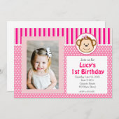 ピンクガールモンキー誕生日招待状 招待状 (正面/裏面)