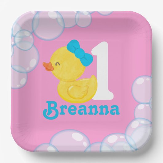 ピンクガールラバーダックパーソナライズされた誕生日 ペーパープレート (正面)