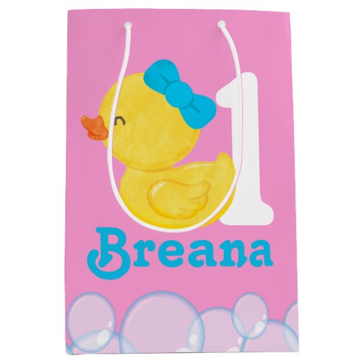 ピンクガールラバーダックパーソナライズされた誕生日 ミディアムペーパーバッグ (正面)