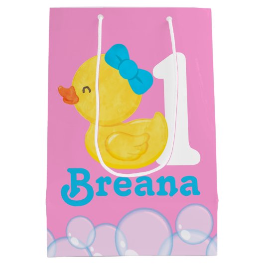 ピンクガールラバーダックパーソナライズされた誕生日 ミディアムペーパーバッグ (裏面)