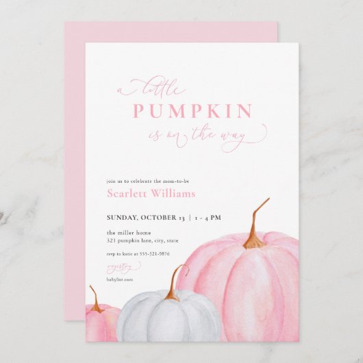 ピンクガールリトルカンプキンベビーシャワー招待状 招待状 (正面/裏面)