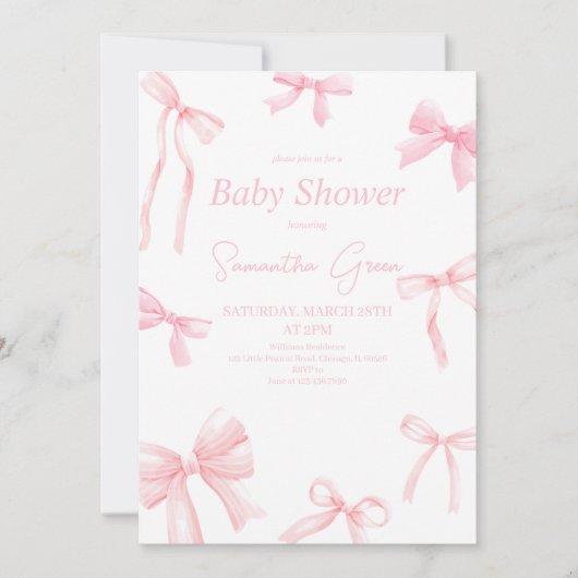 ピンクガールリボンミニマリスト赤ちゃんシャワー 招待状 (正面)